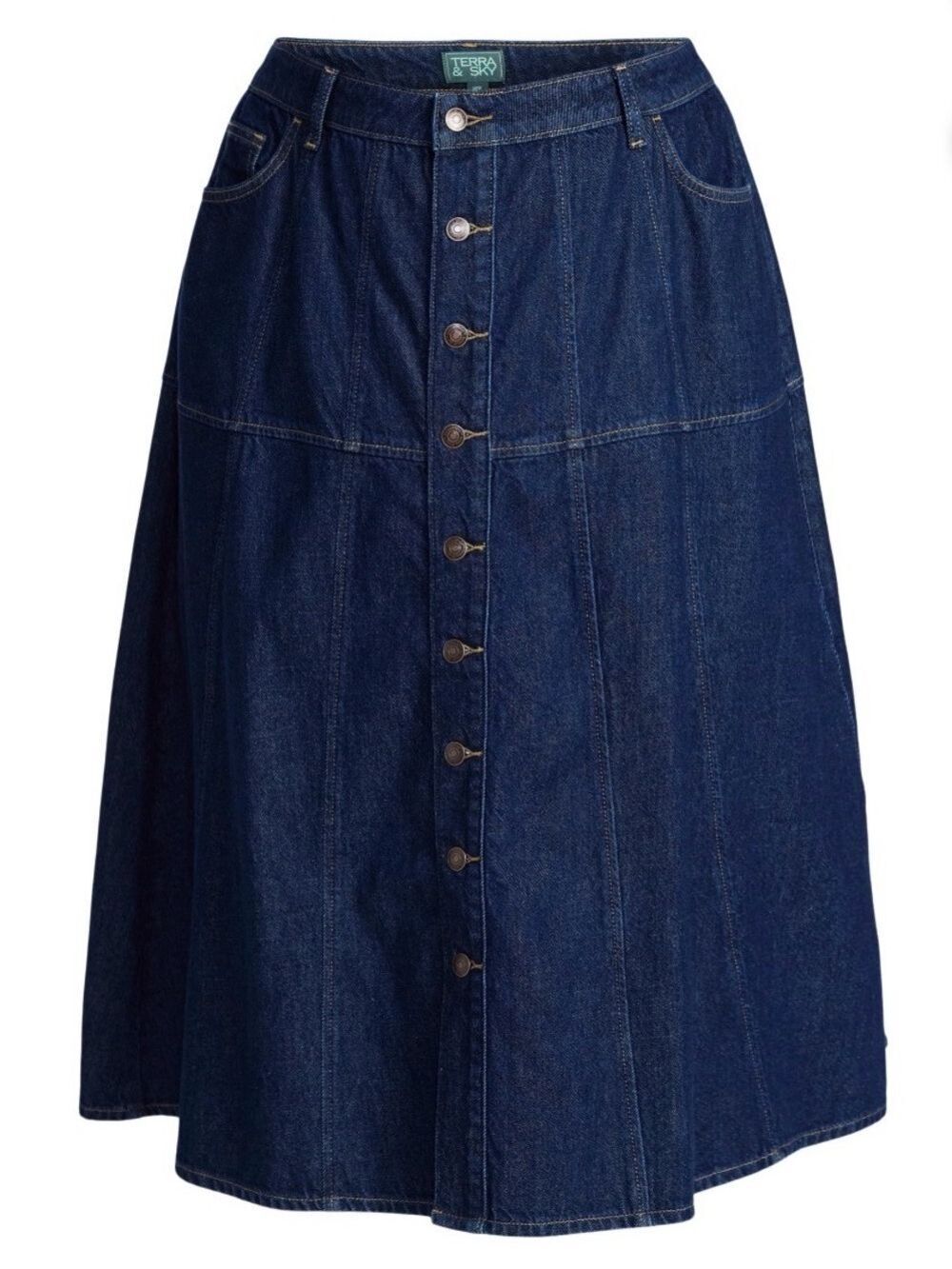 Terra & Sky Dark Blue Button-Front Denim Midi Skirt Plus size 18W